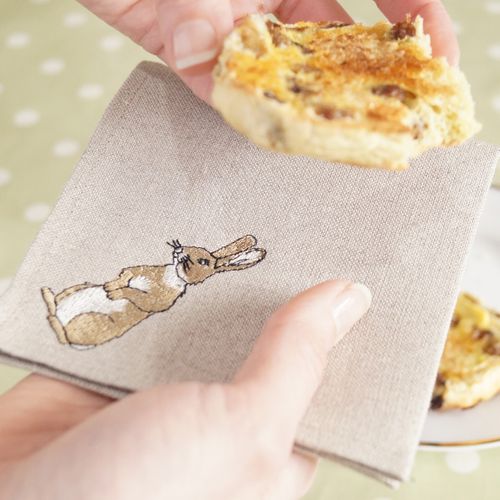 Set of Four Linen Embroidered Rabbit Cocktail Napkins